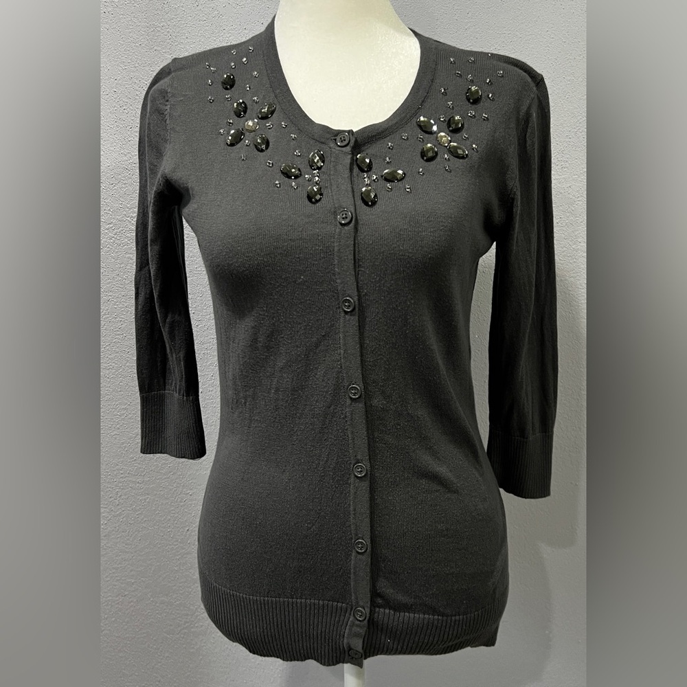 Women’s Merona Grey Jeweled 3/4 Sleeve Sweater, Button Closure Size XS